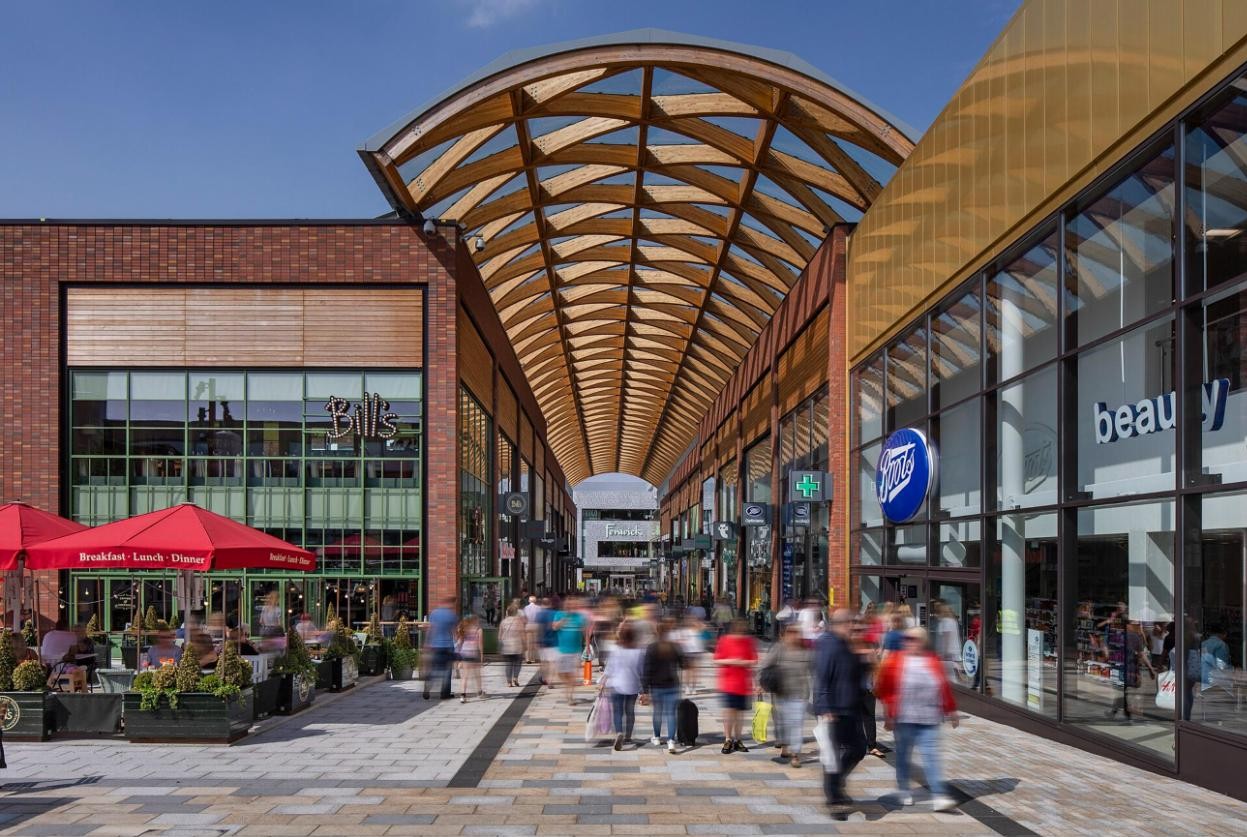The Lexicon in Bracknell town centre, with its curved timber canopy and shoppers on a sunny day